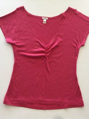 Mango Basic PInky-Red Summer V Neck Tee with Flutter Sleeve. Size L
